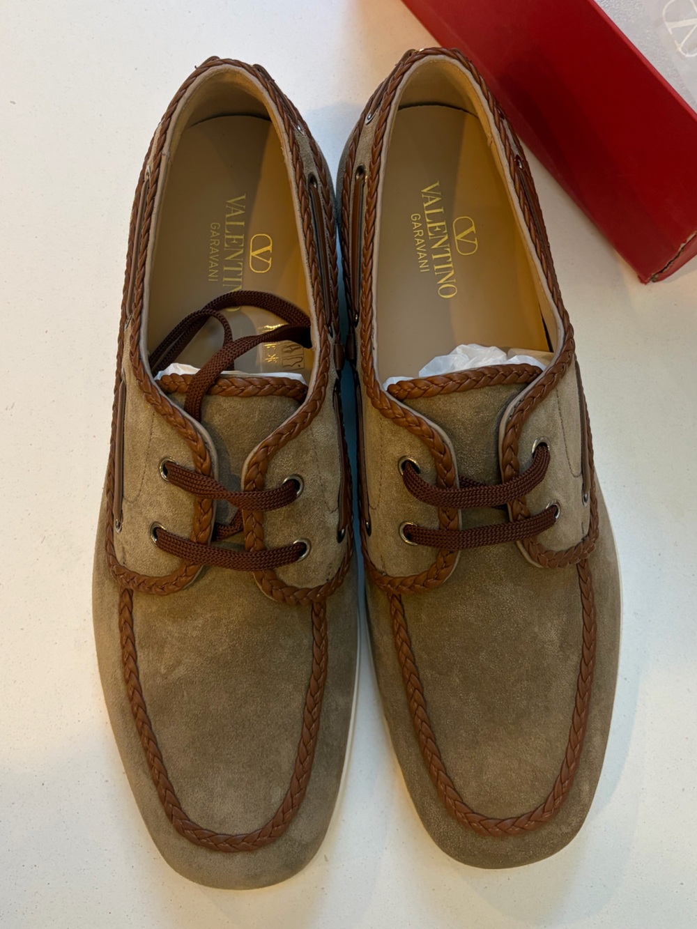 Valentino Suede Braided-Trim Boat Shoes in Tan and Brown
